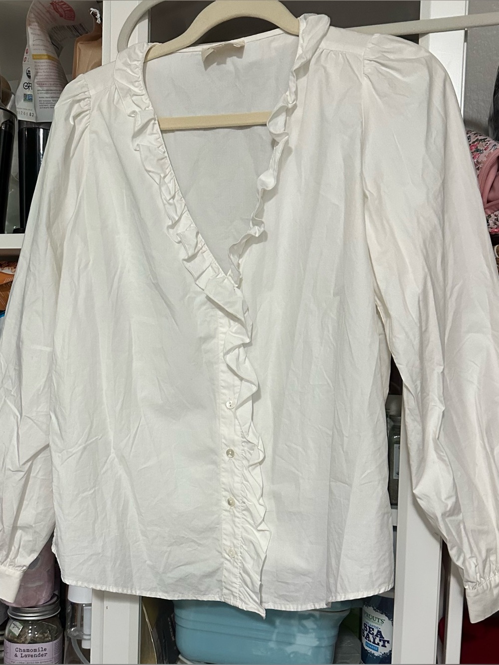 SEZANE Cotton Blouse Top Size FR 36 US 4 Ruffle Button Front Puff Sleeve